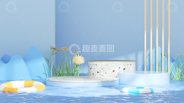源文件下载【趣麦麦图】小暑C4D泳池植物立体展台海报背景