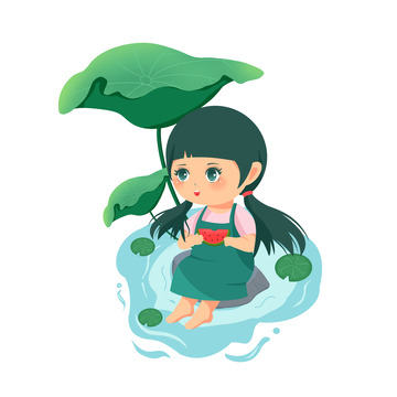 手绘夏天避暑玩水小女孩元素
