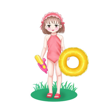 夏日小暑泳装小女孩游泳圈水枪