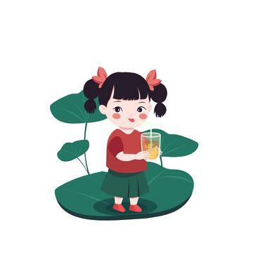 夏季避暑荷叶小女孩喝冷饮汽水小暑