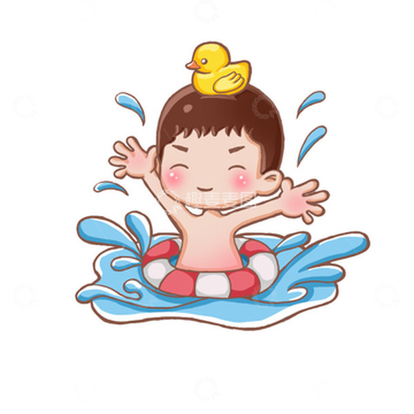 源文件下载【趣麦麦图】小男孩玩水小黄鸭游泳圈手绘插画