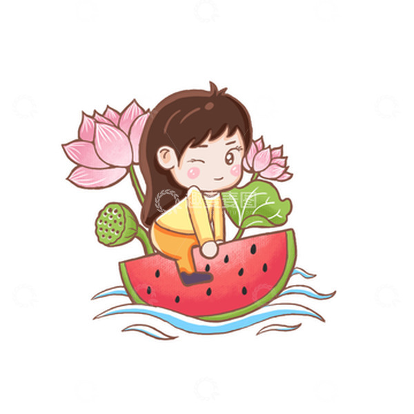 源文件下载【趣麦麦图】荷花西瓜场景女孩手绘插画