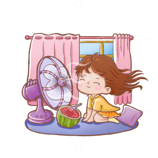 夏天吹风扇女孩西瓜场景手绘插画