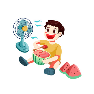 吃西瓜吹风扇乘凉