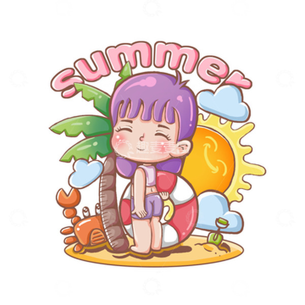 源文件下载【趣麦麦图】沙滩游泳夏天女孩游泳圈场景