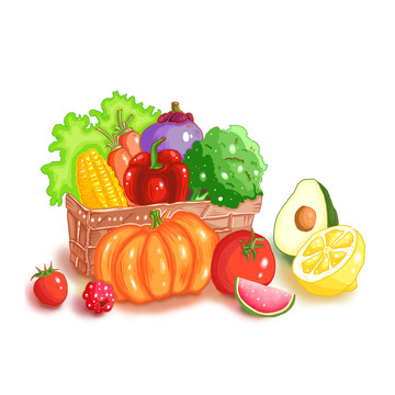 手绘卡通一堆水果蔬菜篮子手绘元素