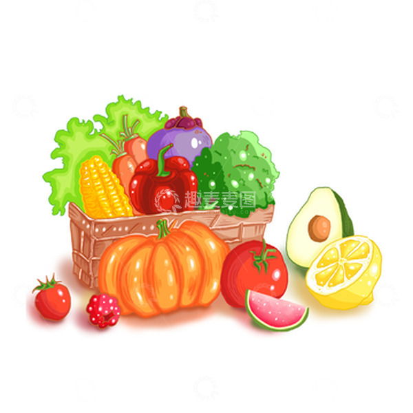 源文件下载【趣麦麦图】手绘卡通一堆水果蔬菜篮子手绘元素