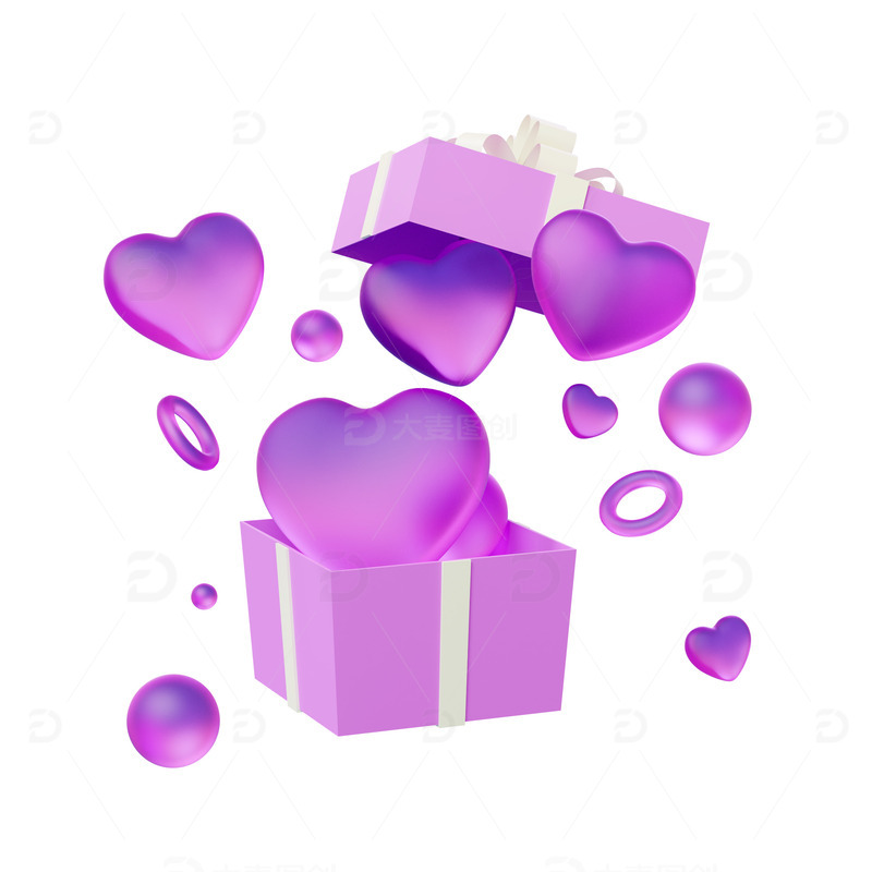 3D立体浪漫玻璃质爱心礼盒礼包装饰元素