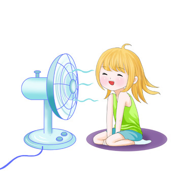 夏日小暑吹风扇的小女孩