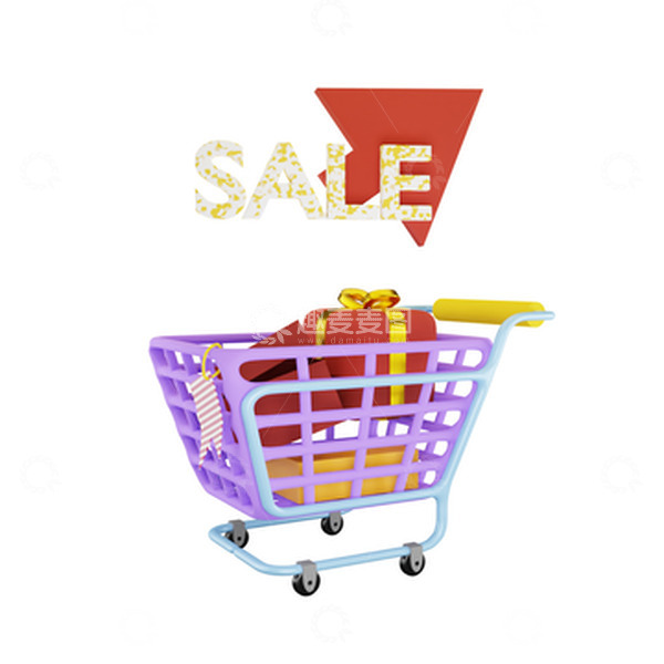 源文件下载【趣麦麦图】3D卡通购物车sale礼盒热卖促销素材