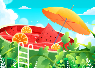 冰爽夏日小暑西瓜插画