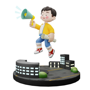 卡通3D拿喇叭小男孩喊话公告招聘用元素