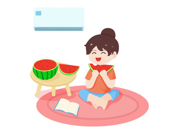 夏天在家吹空调吃西瓜小女孩