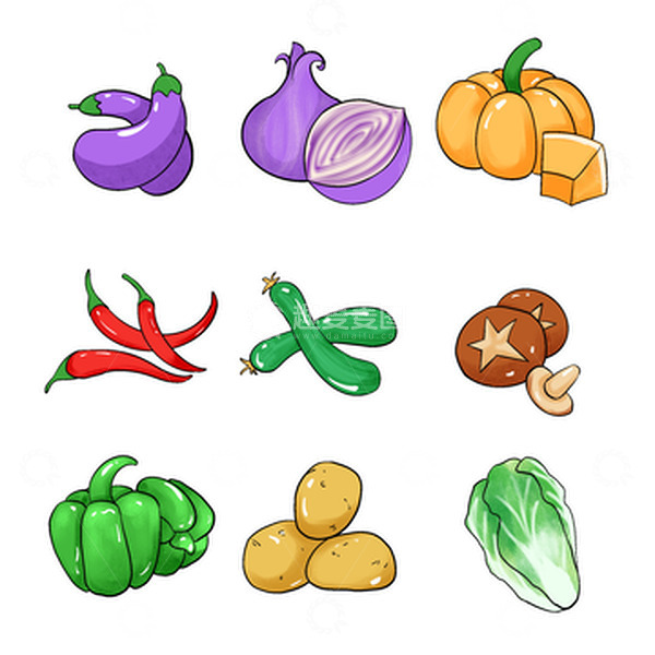 源文件下载【趣麦麦图】卡通蔬菜组合茄子南瓜辣椒蘑菇土豆白菜
