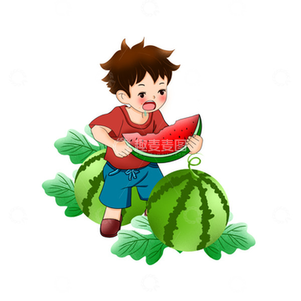 源文件下载【趣麦麦图】-手绘吃西瓜场景小孩插画