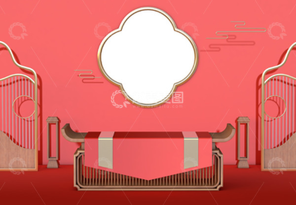 源文件下载【趣麦麦图】国潮风C4D建模可编辑红色背景立体场景