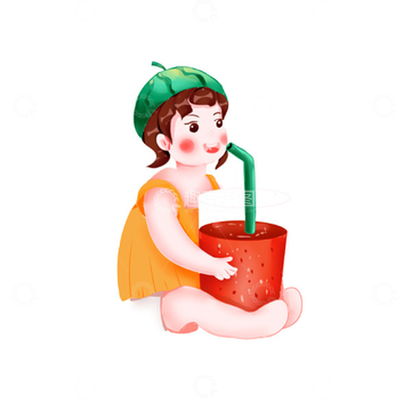 源文件下载【趣麦麦图】-卡通小女孩喝西瓜汁可爱装饰元素