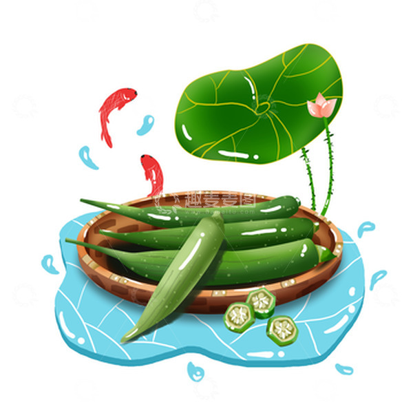 源文件下载【趣麦麦图】-手绘大暑荷叶鲤鱼秋葵