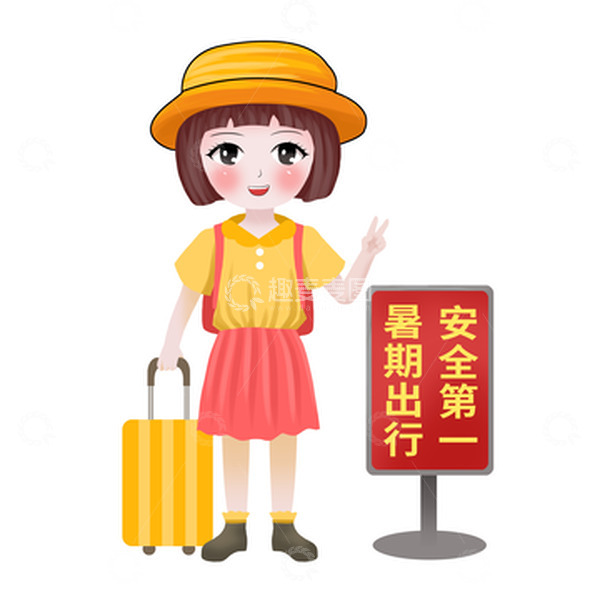 暑期出游提行李箱戴帽子背包的小女孩
