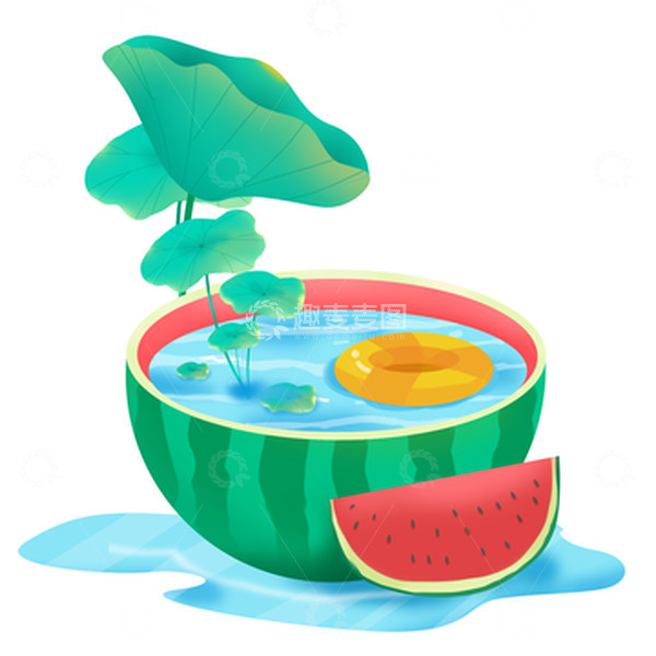 源文件下载【趣麦麦图】卡通手绘夏季西瓜荷花装饰插画元素