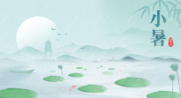 淡雅文艺中国风夏季池塘山水装饰背景