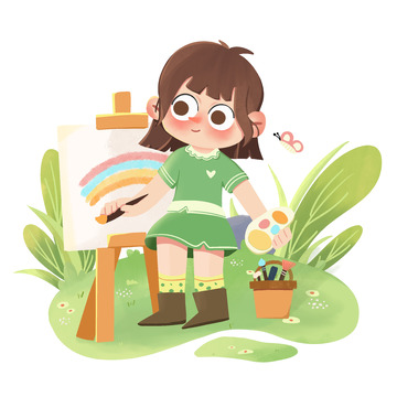 可爱小女孩户外画画暑假兴趣班画画儿童绘画