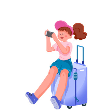 女孩暑假旅游元素插画