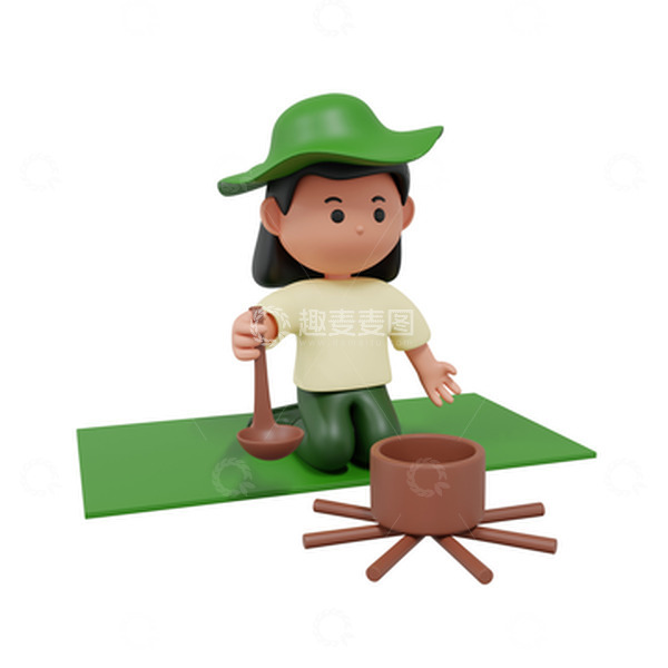 源文件下载【趣麦麦图】-3D户外露营做饭女孩