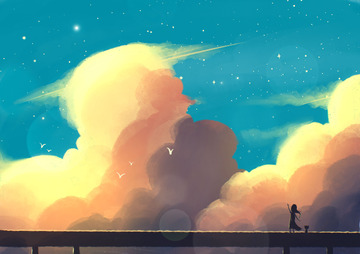 夏季傍晚星空晚霞彩云小女孩与猫