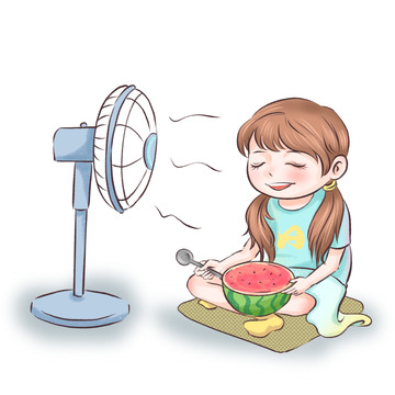 夏天暑假女孩吃西瓜吹风扇乘凉元素