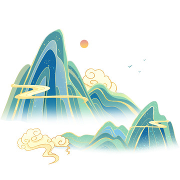 中国风山水烫金线国潮山元素