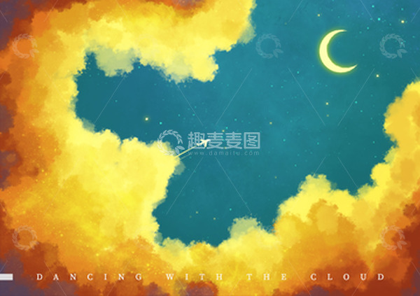 源文件下载【趣麦麦图】夏季夜晚星空月亮五彩斑斓彩云小飞机