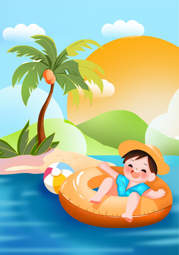 手绘暑假游泳戏水小插画背景
