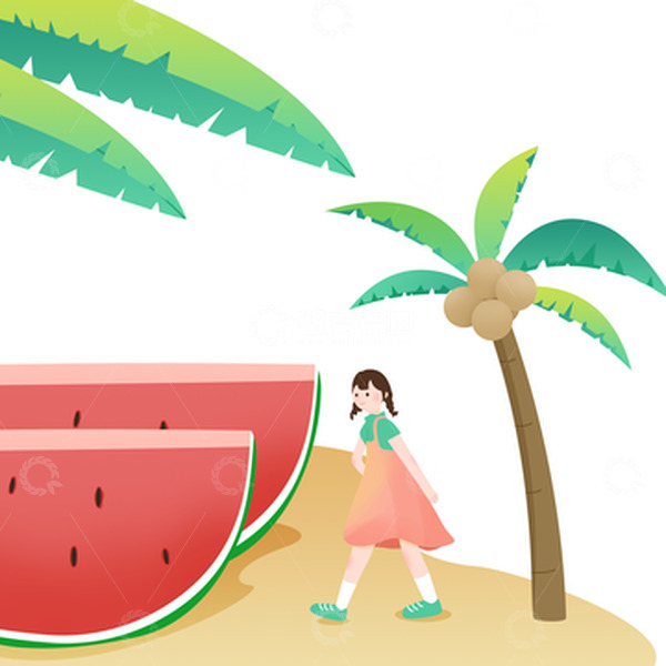 绿色清新夏日暑假游玩户外西瓜人物元素