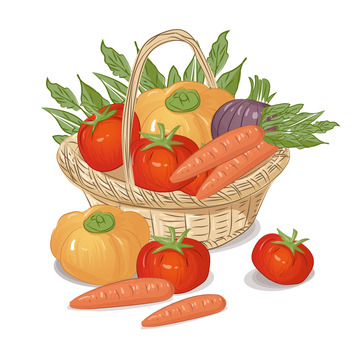 红黄色国潮手绘风格一篮蔬菜水果