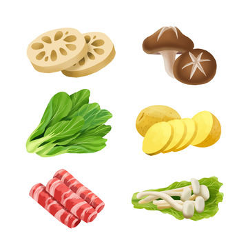 蔬菜鲜肉火锅配菜藕片青菜肉卷香菇