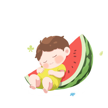 在西瓜上睡觉的小男孩png