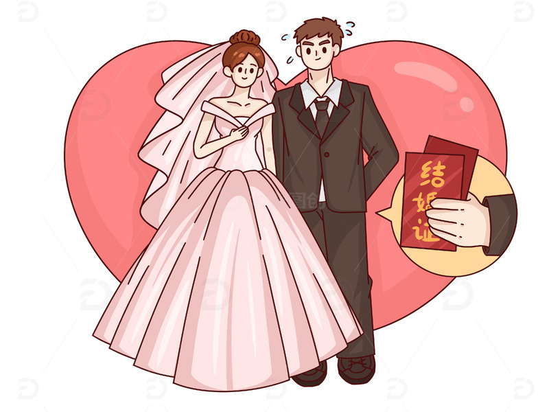源文件下载【趣麦麦图】卡通人物领证结婚插画