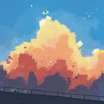 涂鸦风壁纸，桥上归来的羊与晚霞彩云