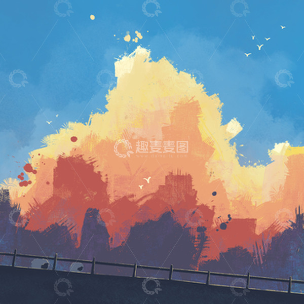 源文件下载【趣麦麦图】涂鸦风壁纸，桥上归来的羊与晚霞彩云