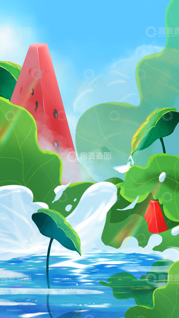 源文件下载【趣麦麦图】夏日荷叶荷塘插画背景海报