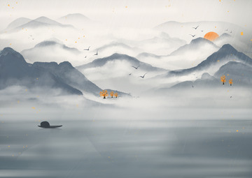 手绘国潮意境灰蓝色金箔水墨山水海报背景