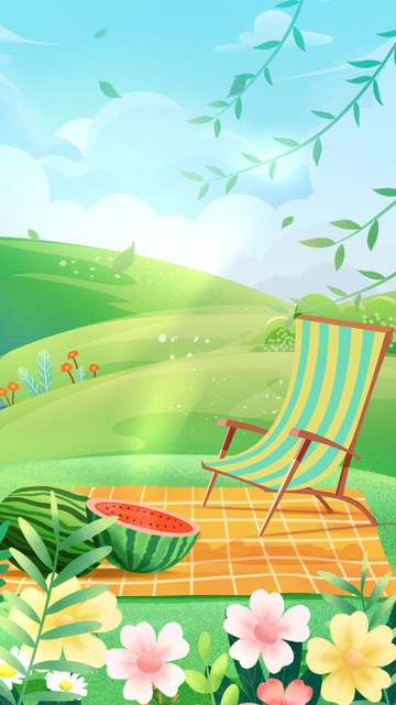 绿色清凉夏日大暑吃西瓜插画背景