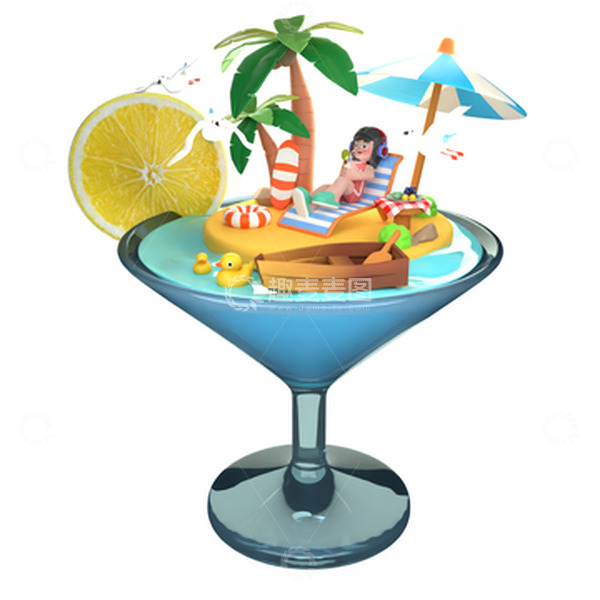 源文件下载【趣麦麦图】大暑节气3D场景海滩夏日度假避暑卡通场景