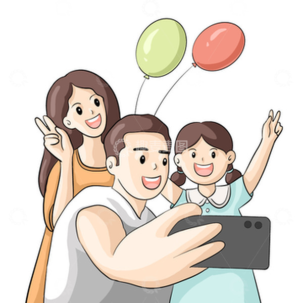 暑假假期一家人旅行自拍照