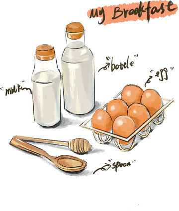 牛奶鸡蛋早餐手写字线描