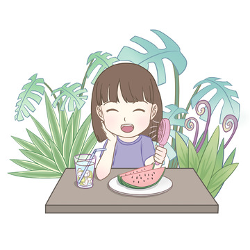 夏天暑假树叶女孩水果