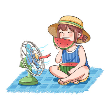 大暑吃西瓜避暑乘凉卡卡通人物