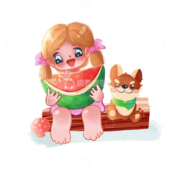 源文件下载【趣麦麦图】西瓜女孩柴犬宠物夏天凉爽童年大暑