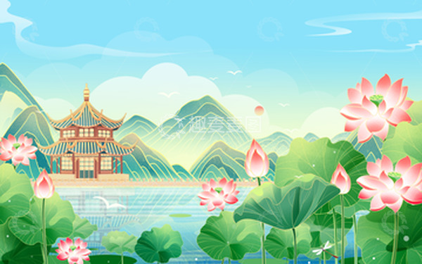源文件下载【趣麦麦图】-大暑夏天国潮荷花荷叶荷塘祥云风景